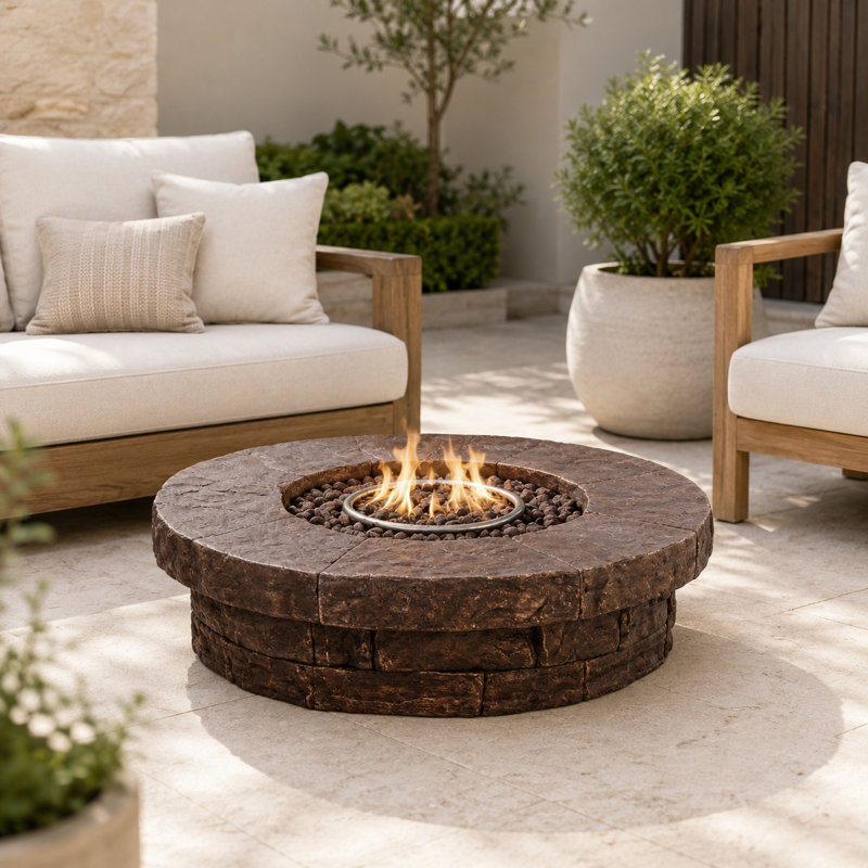 Teamson 94cm Round Gas Fire Pit Table with Slate-Look Top, 50,000 BTU Propane Heater, Lava Rocks, PVC Cover & Piezo Ignition