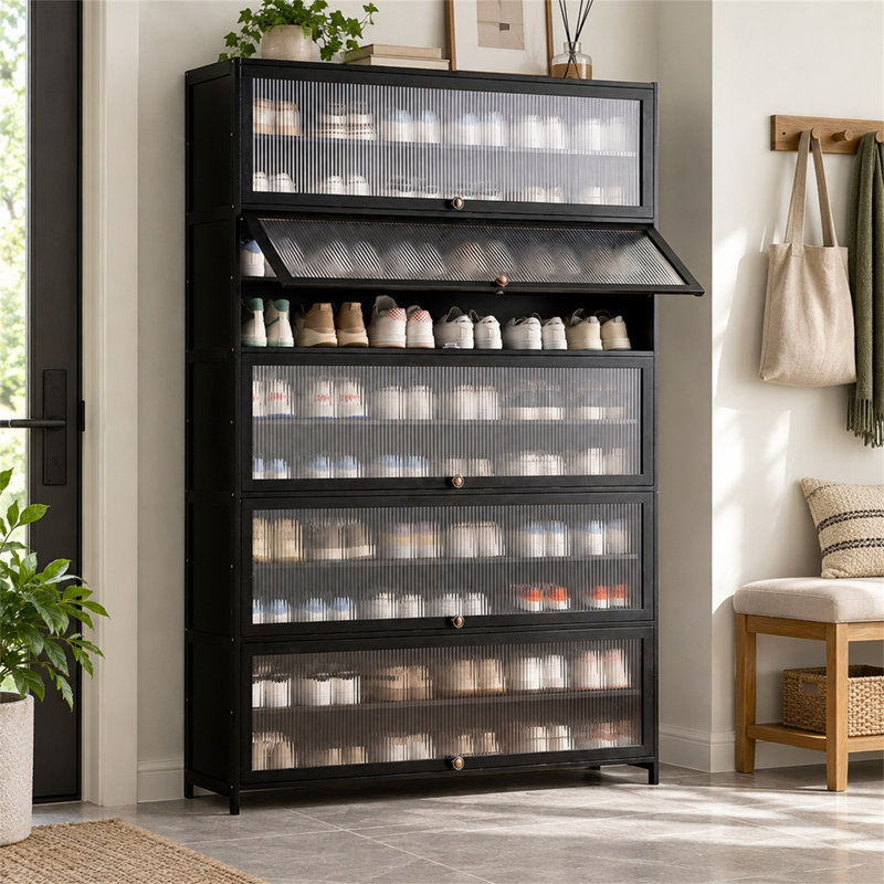 Range-chaussures à grande capacité à 13 niveaux, portes pliantes cannelées en acrylique, structure en bambou