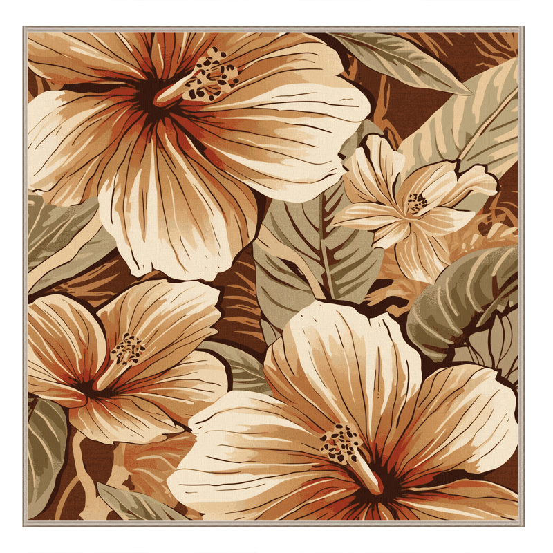 Machine Washable Parrilla Hibiscus Tropical Floral Rug in Brown – Beige Binding, 8' Square