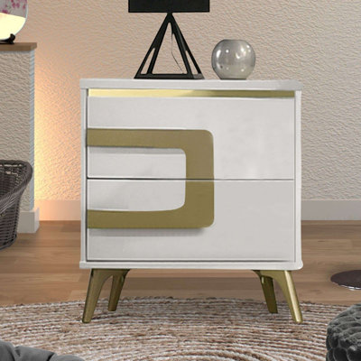 White and Gold Two-Drawer Nightstand with Modern Framed Design