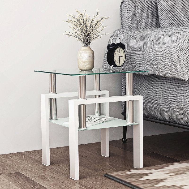 Table basse en verre trempé, table de bout, table carrée pour le salon, Blanc, Blanc