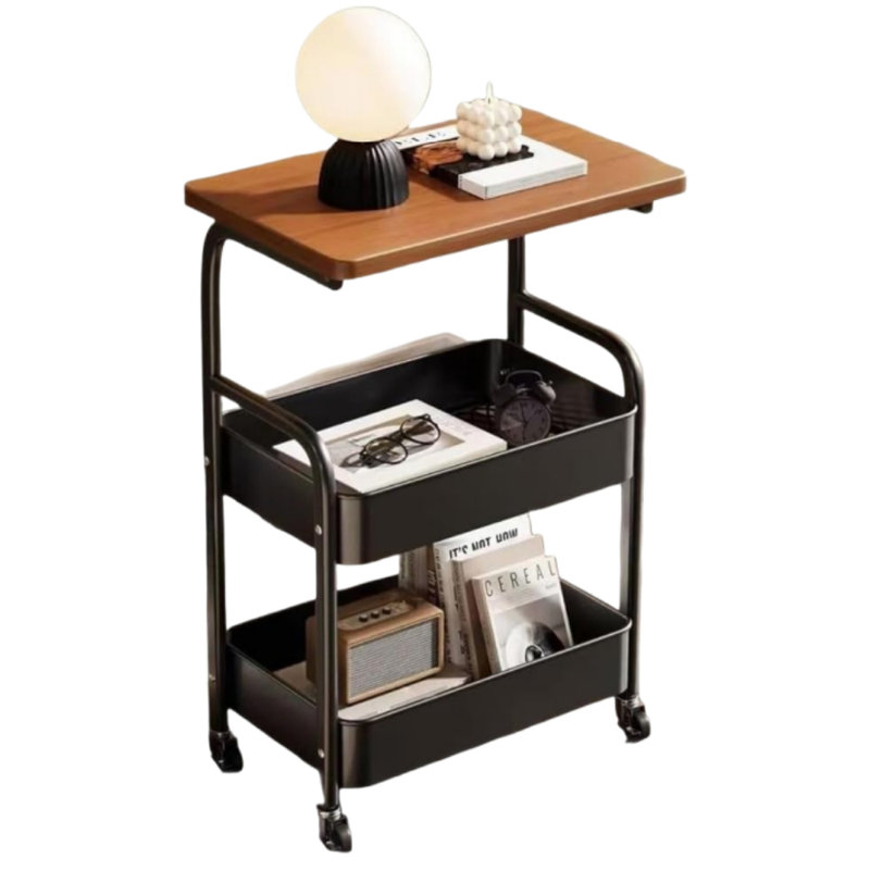 3-Tier Rolling Cart w/Wooden Tabletop, Utility Cart w/Lockable Wheels, Multipurpose Storage Organizer Trolley for Kitchen, Office, Bedroom, Sturdy Metal Frame for Small Spaces, Easy Assembly
