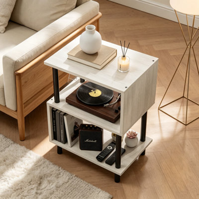 Small Side Table with 3-Tier Wood Shelves, Sturdy Metal Frame End Table for Living Room or Bedroom, 44 LBS Capacity per Shelf, Easy Assembly