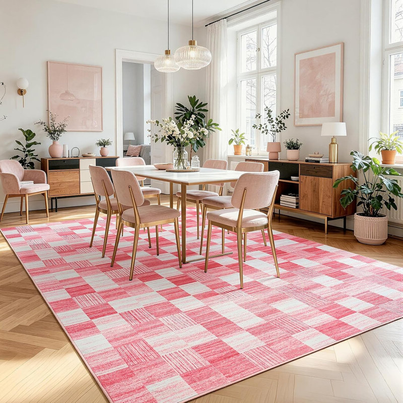 Tapis à carreaux lavable, Pink, Rectangle 5' x 7'