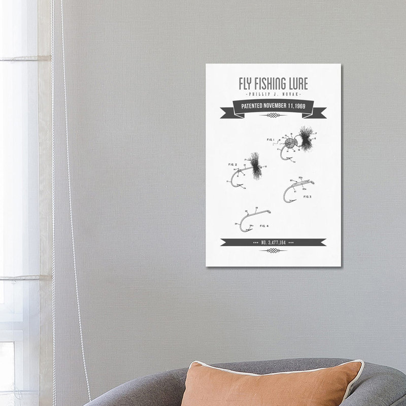 P.J. Novak Fly Fishing Lure Patent Sketch Retro (Charcoal) by Aged Pixel - Wrapped Canvas Print