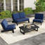 Ensemble de conversation en bois de teck massif pour 4 personnes Polett, ensemble complet de sièges de patio avec fauteuil sans accoudoirs, causeuse, table basse et coussins résistants aux intempéries-1179607453-1179607451