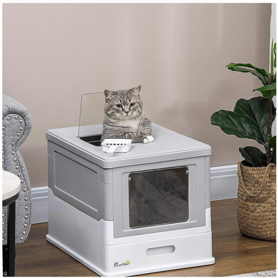 PawHut Fully Enclosed Cat Litter Box with Scoop, Hooded Cat Litter House with Drawer Type Tray, Foldable Smell Proof Cat Potty with Front Entry, Top Exit, Portable Pet Toilet with Large Space, Gray