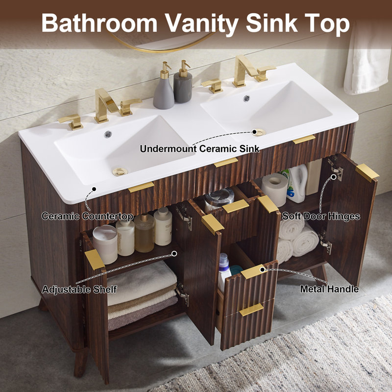 48'' Free Standing Double Bathroom Vanity With Engineered Stone Top, Soft-close Doors, Dark Walnut
