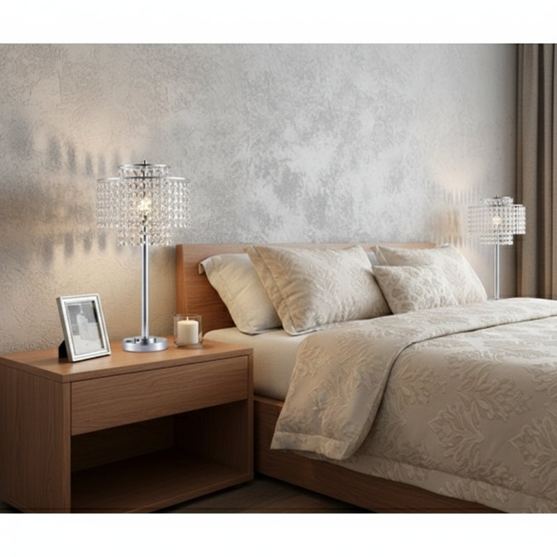 Lampe de table glamour haute de 26 pouces à deux niveaux en argent, avec charge intégrée et ports USB