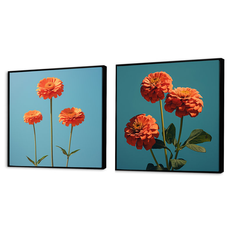 Zestias zestes orange et bleus - ensemble de 2 collages carrés Zinnias, Cadre flottant noir, H 30 po x l 61 po