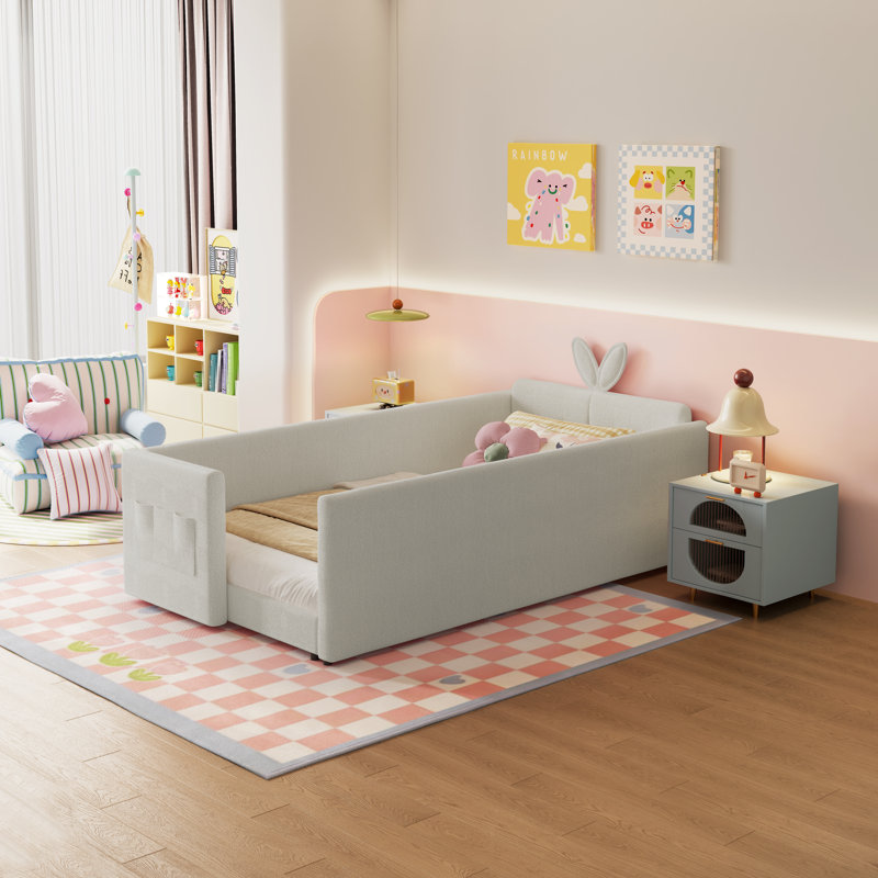 Twin Size Upholstered Platform Bed With Cute Rabbit Ear Shaped Headboard, Safety Rail, And Convenient Storage Pocket, Boucle Fabric – Perfect For Kids' Bedroom