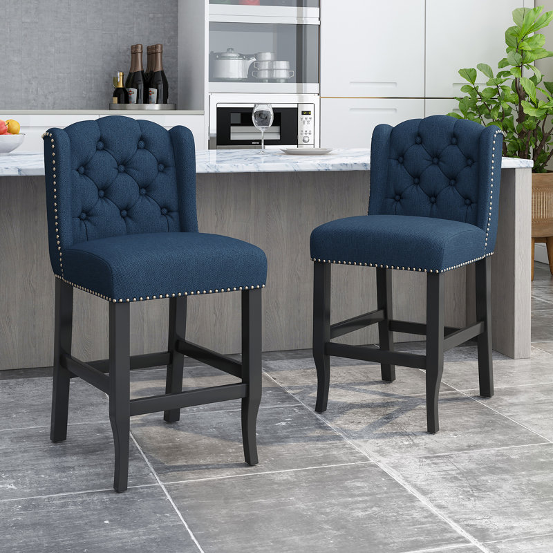 Ensemble de 2 tabourets de comptoir à oreilles capitonnés en tissu, bleu marine et brun foncé, Bleu / Noir, 27