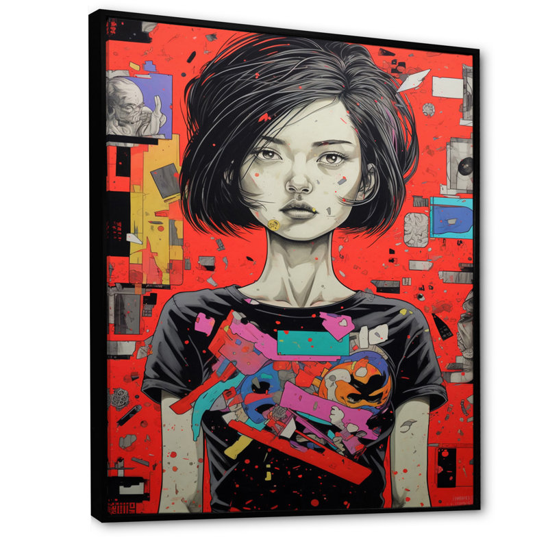 Portrait de femme manga sur collage, H 20 po x l 12 po x P 1 po, Cadre flottant noir