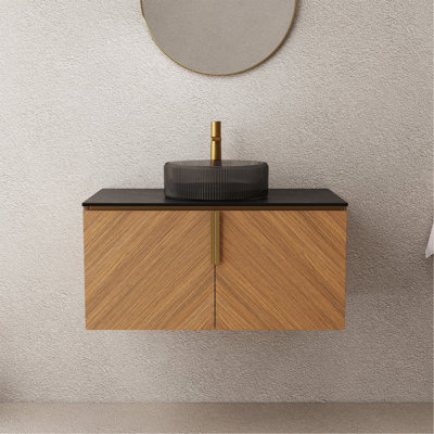 Meuble-lavabo de salle de bain 36 po, armoire de rangement murale moderne en contreplaqué avec portes doubles, lavabo rond en verre noir transparent et comptoir en pierre frittée noire, brun