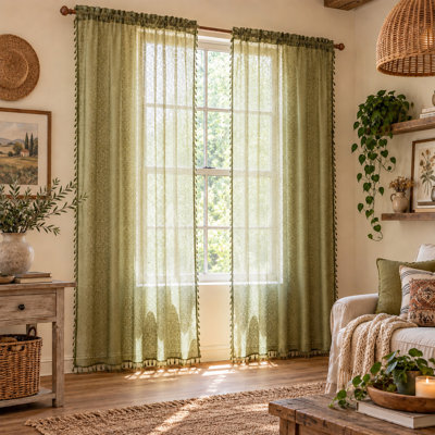Boho Semi-Sheer Lace Window Curtains with Adhesive and Rod Pocket, Geometric Pattern Light Filtering Drapes for Living Room, Bedroom and Dining Room