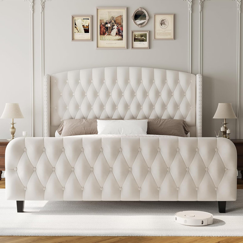 Structure de lit tapissier très grand / très grand avec tête de lit à oreilles, lit plateforme tapissier avec capitonnage à boutons | Aucun sommier tapissier requis