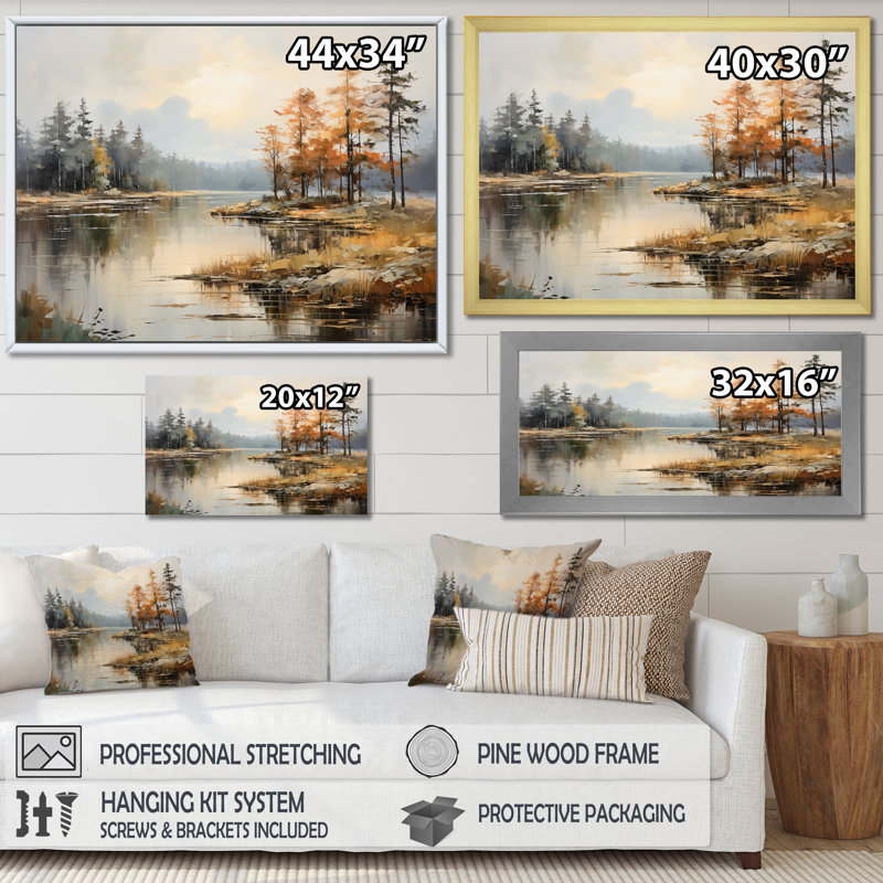 «Lakeside Fall Foliage Serenity II - Lake River», art mural, H 30 po x l 40 po x P 1,5 po, Cadre naturel flottant