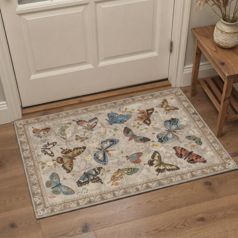 Adonis Aura Floral Butterflies Machine Washable Beige / Brown Indoor Area Rug with Non-Slip Backing, Round 5'