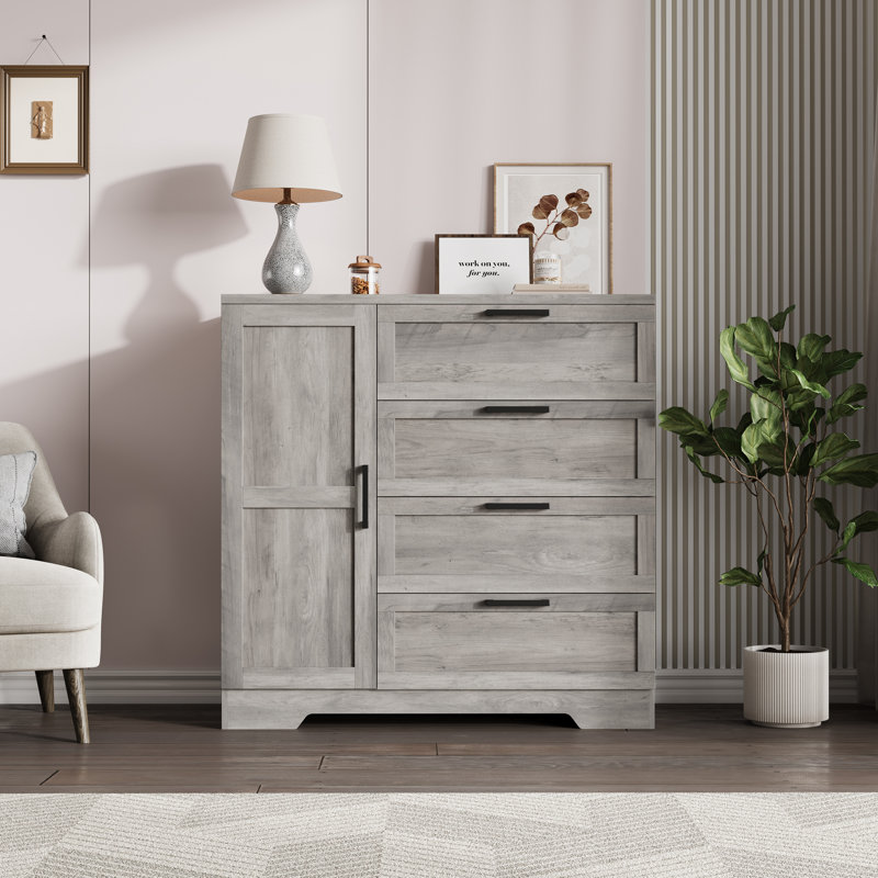 Petite penderie 43,3 po, armoire avec porte, 4 tiroirs et tringle, Gris
