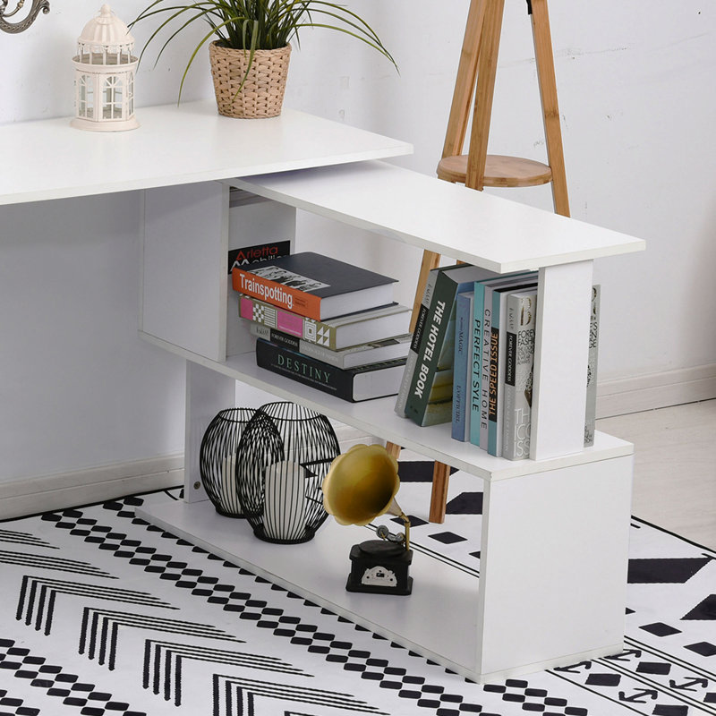 Bureau d'angle en L, bureau à domicile rotatif à 360 degrés avec tablettes de rangement, poste de travail de table d'écriture