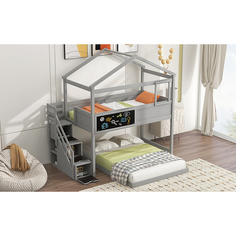 Lit superposé House avec escalier et rangement, Gris