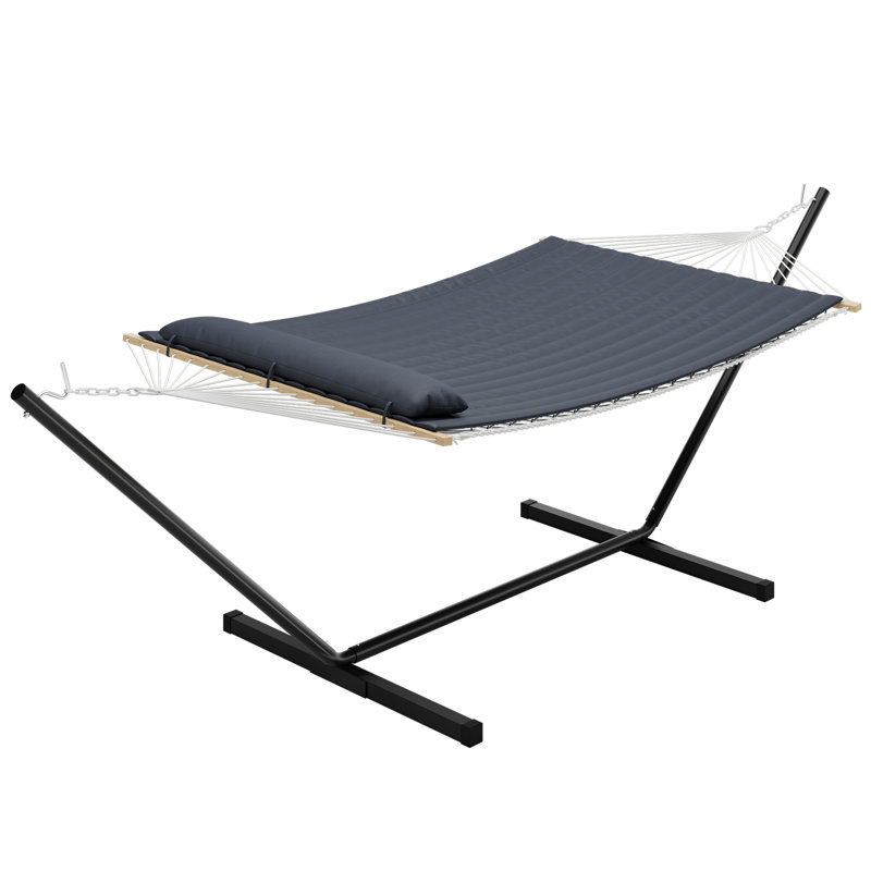 Heavy Duty Double Hammock with Stand for 2 Persons, 450 lbs Capacity, Cotton Rope Bed, Pillow,  Easy Assembly, Outdoor Indoor, Backyard, Patio, Poolside