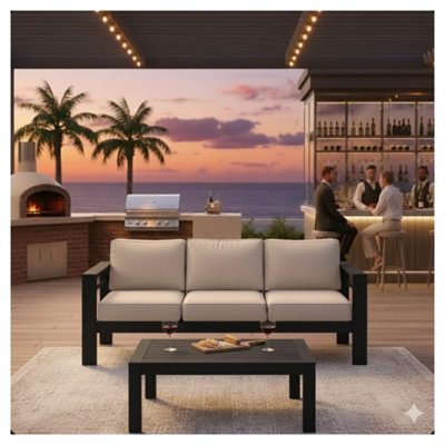 Ensemble de patio d'extérieur 2 pièces avec canapé 3 places 75 po et fauteuil d'appoint assorti, tissu d'oléfine noir et gris
