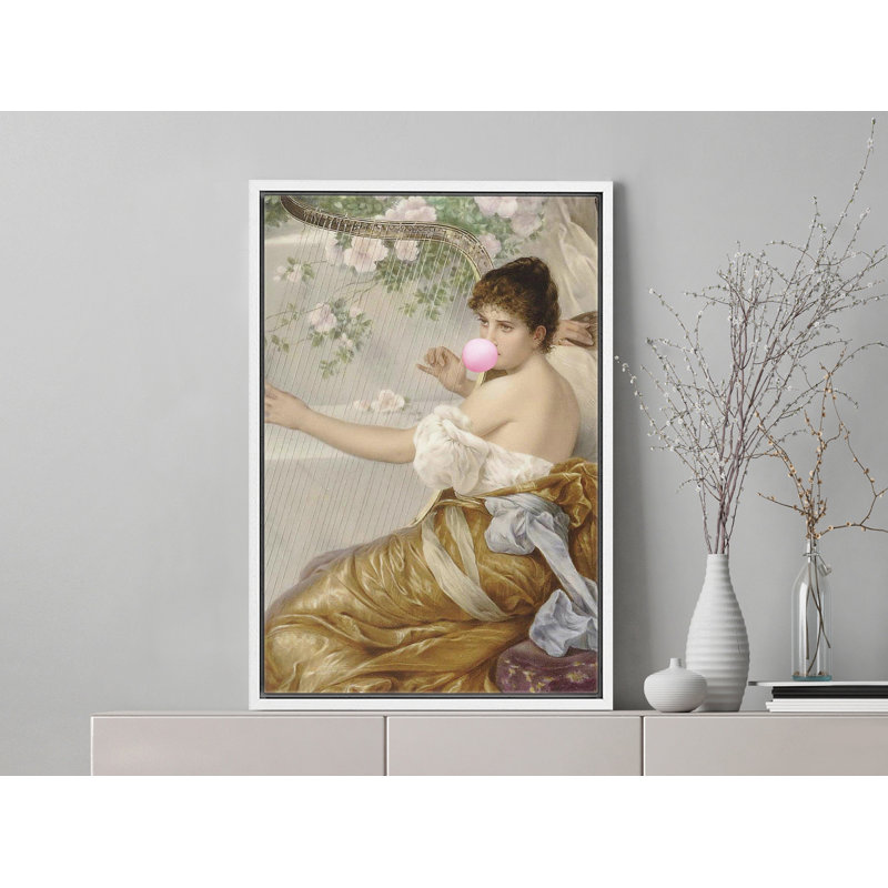 «Woman Tuning Harp Bubblegum», H 24 po x l 16 po, Cadre flottant blanc