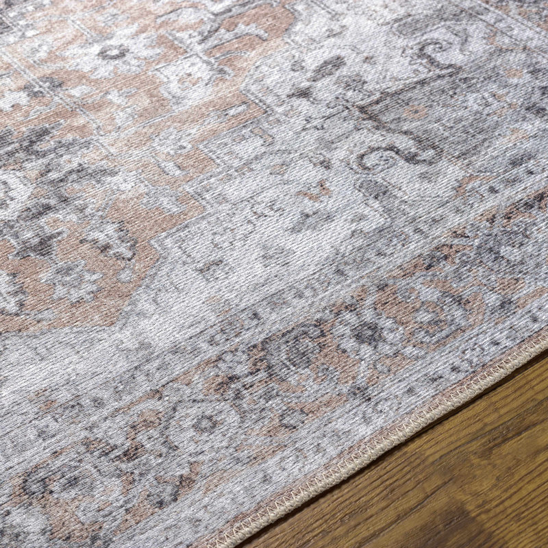 Glendale Heights Machine Washable Oriental Beige/Charcoal Area Rug, Rectangle 2' x 2'11"