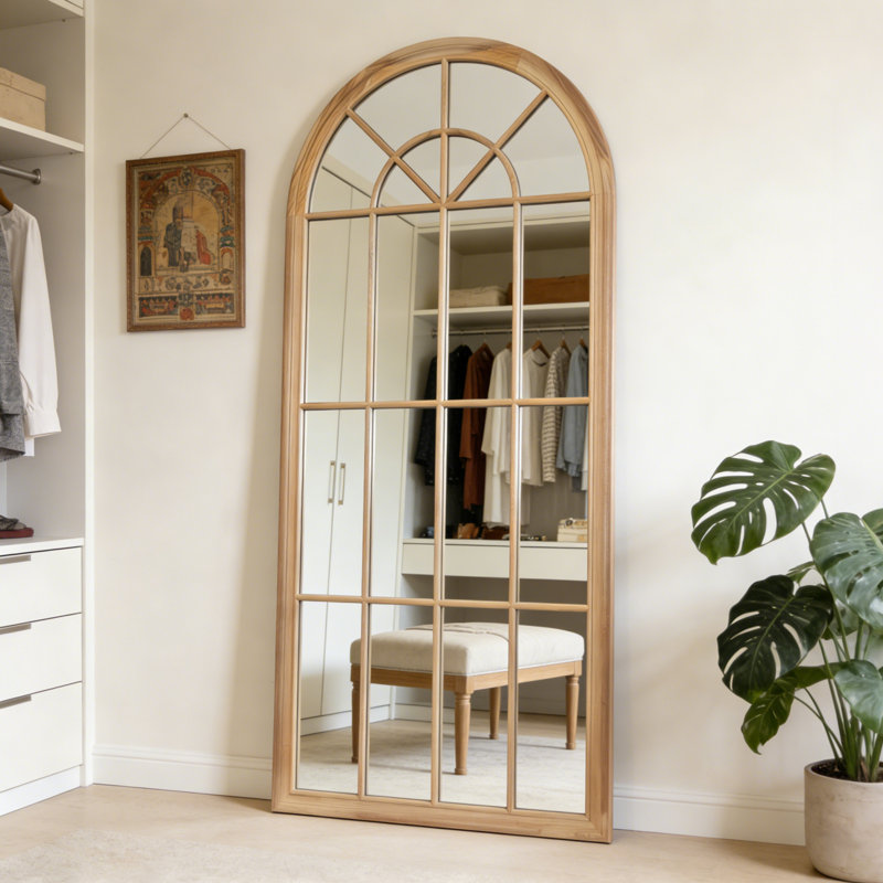 Large Arched Windowpane Full-Length Wall Mirror With Solid Wood Frame, 70.9" x 31.8", Natural Wood