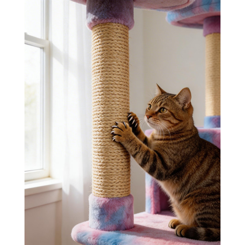 Arbre à chat arc-en-ciel avec poteau à griffes, hamac et boule suspendue (arc-en-ciel)