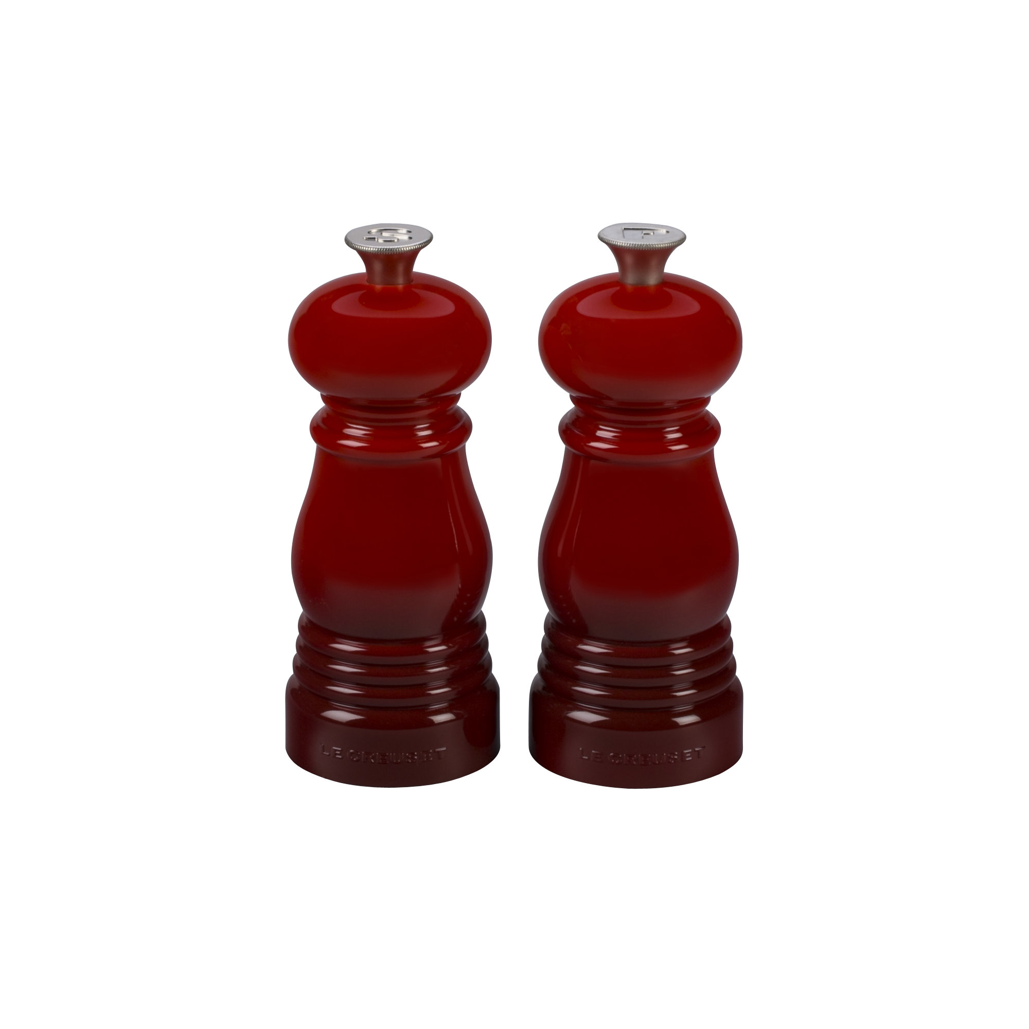 Le Creuset Set of 2 Salt and Pepper Mills, Cerise, 4.3" H x 2.9" W x 2.9" D