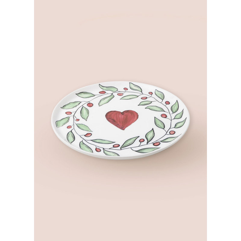 Elegant Service Plate Set (6 Pieces), 10.2 x 10.2 x 0.4 inches | 100% Ceramic, Dishwasher Safe | Stylish White, Red, and Green Design, Perfect for Entertaining & Everyday Use, Durable and Chic Dinnerware