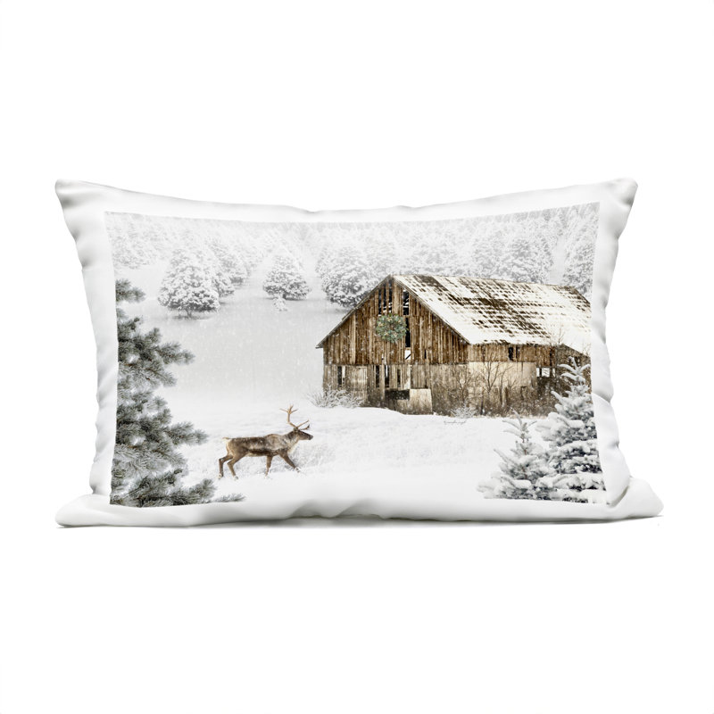 Coussin d'extérieur Winter Whites Cabin with Deer