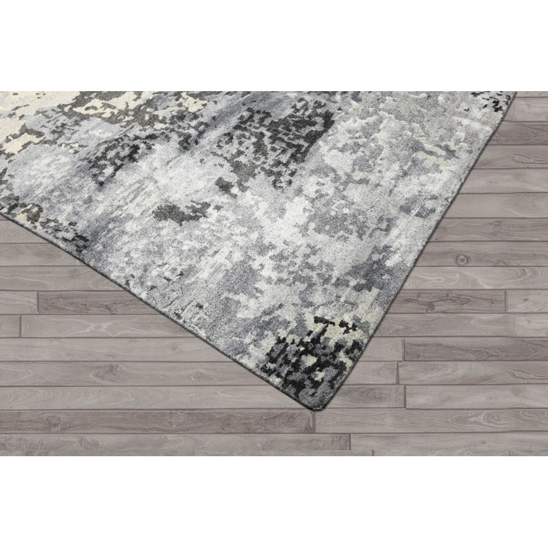 Tapis moderne 180 x 270 cm en laine, bambou et soie gris ivoire, noué à la main