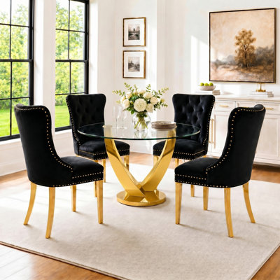 38.9" Modern Round Glass Dining Table Set for 4, Tempered Glass Table With 4 Upholstered Velvet Chairs, for Kitchen & Living Room