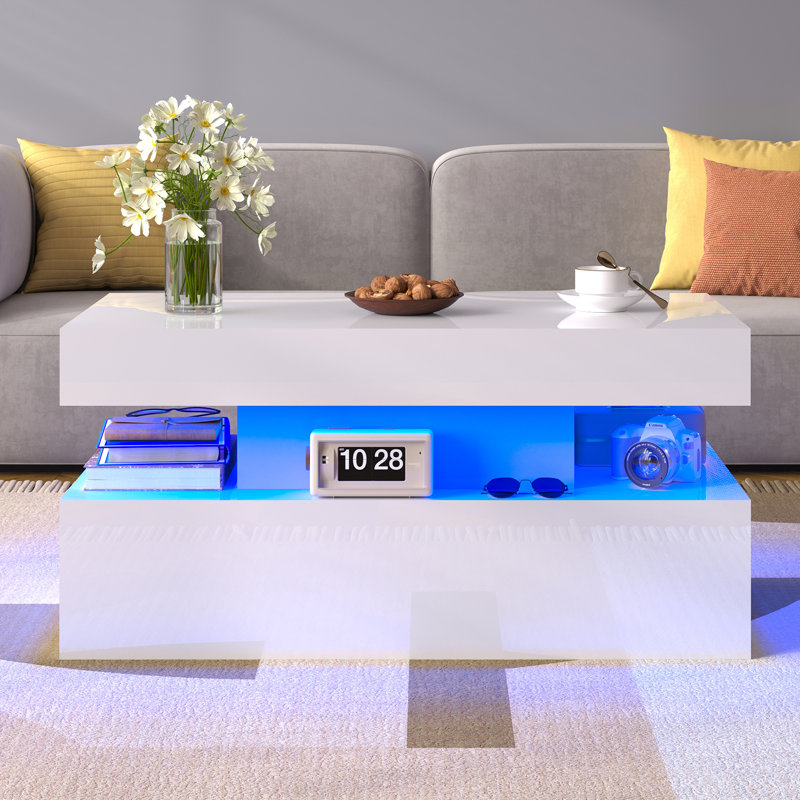 Coffee Table With Led Light, Modern High Gloss Finish Center Table With 2-tier Storage Space, Minimalist Coffee Table For Living Room, Office