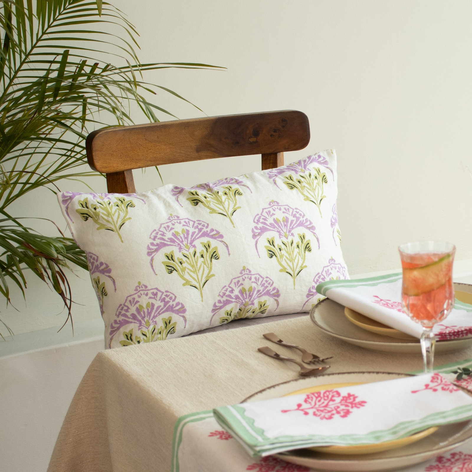 20" x 20" Linen Pillow Cover, Purple/Green Floral, Rectangle 12"H x 20"W