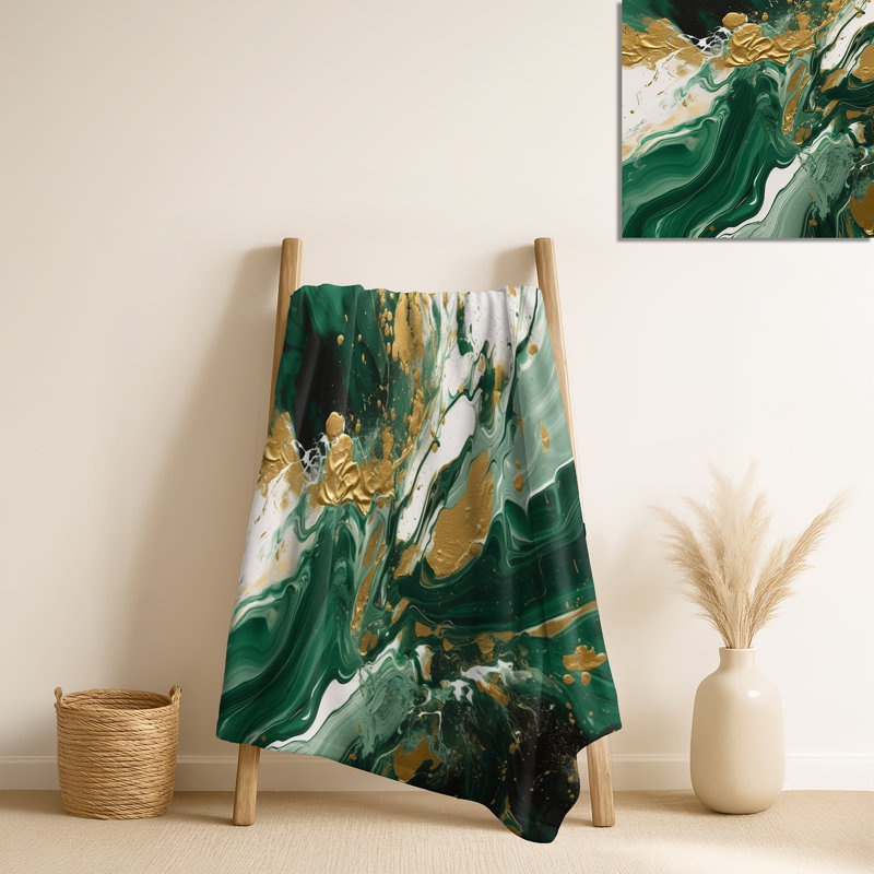 Green And Gold Liquid Magic I - Abstract Throw Blanket For Couch