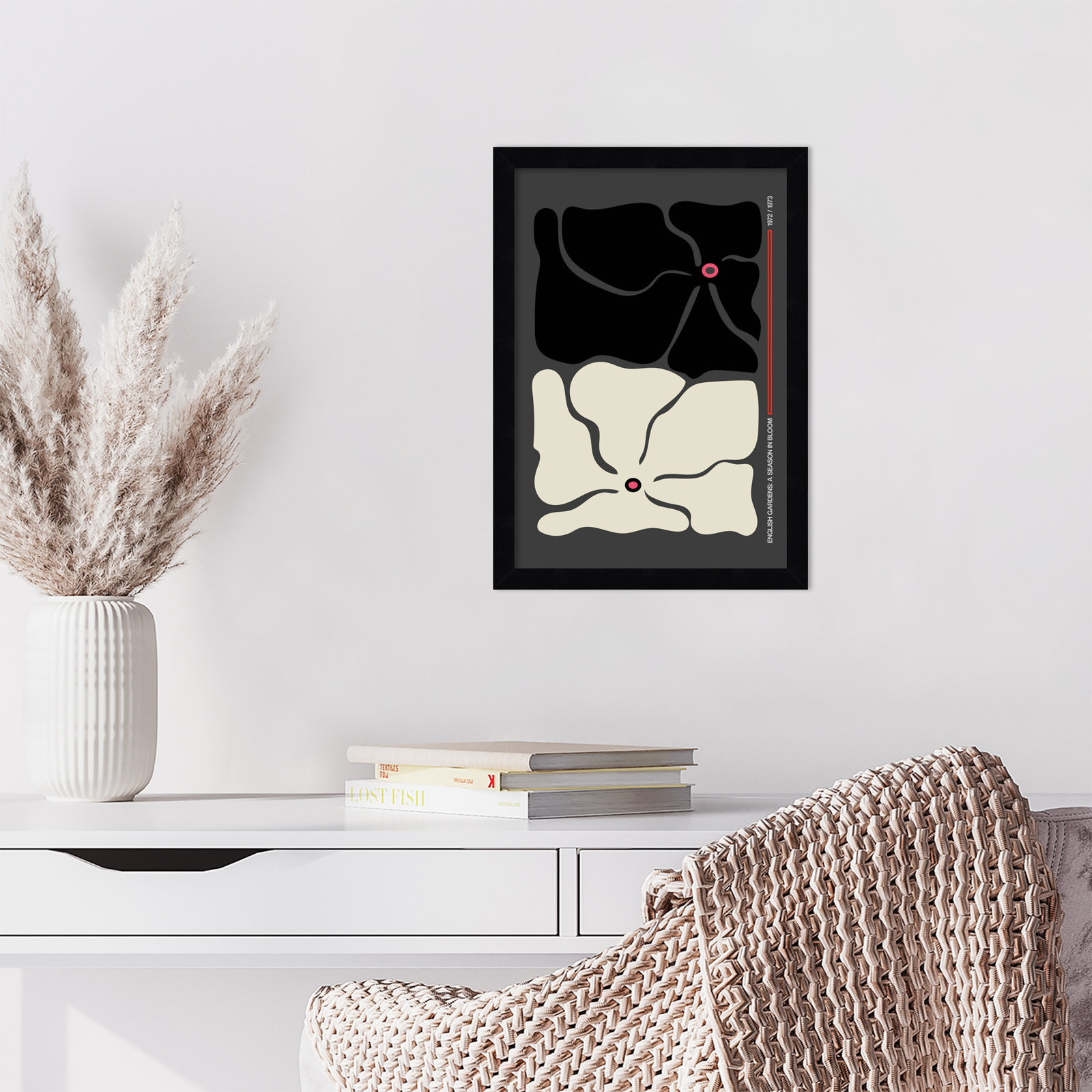 Two by Two Flower Grey Print, Black, 17" H x 12" W x 1" D