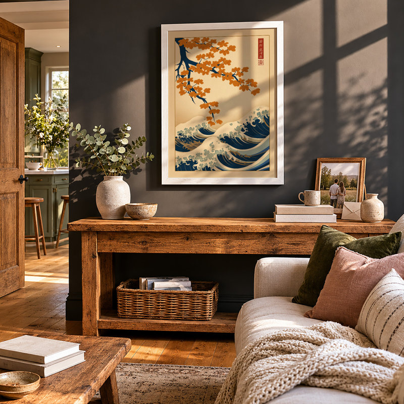 Blossoms and Waves Japandi - Framed Print, A1 - 84.1 x 59.4 cm, White