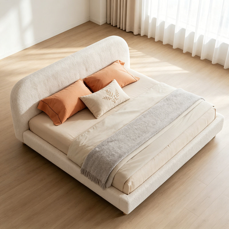  King Size Curve-Shaped Headboard Boucle Fabric Upholstered Bed Frame, With Metal Frame No Spring Box Needing Bed, King