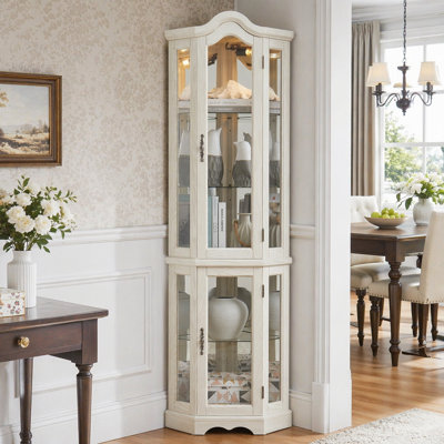 Lighted Glass Display Curio Cabinet with Tempered Glass Doors and Shelves, Crown Corner Cabinet for Showcasing Collectibles in Living and Bedrooms