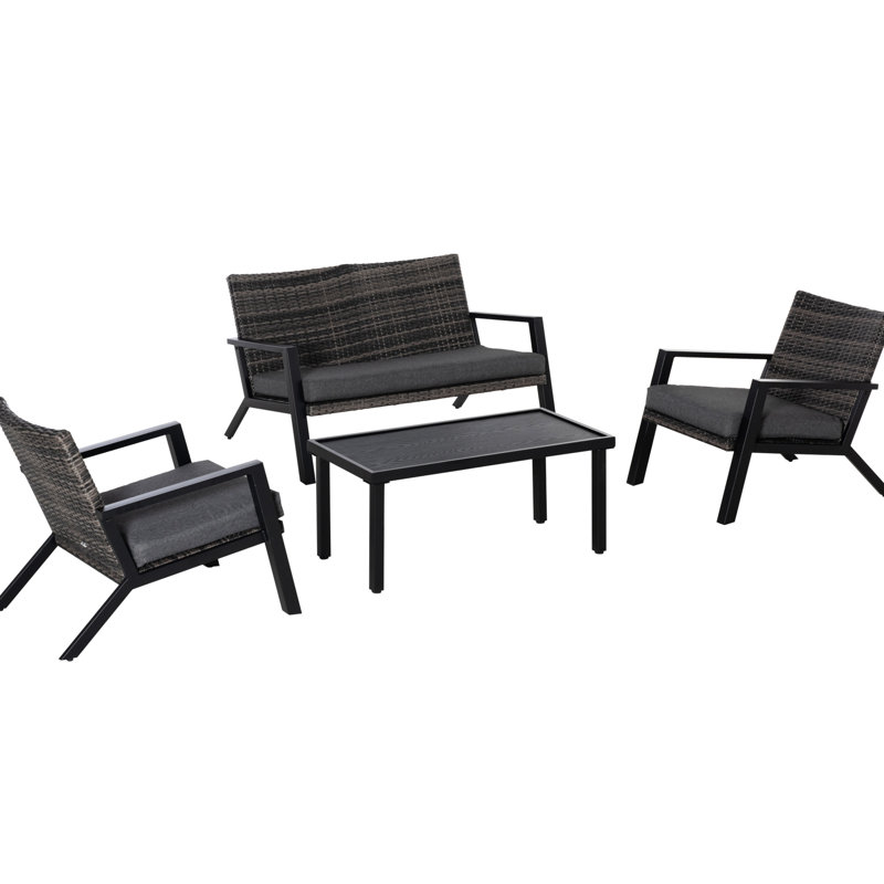 Ensemble de mobilier de patio 4 pièces comprenant 2 fauteuils et une table basse, idéal pour se détendre au bord de la piscine, noir, adapté à la détente en extérieur.