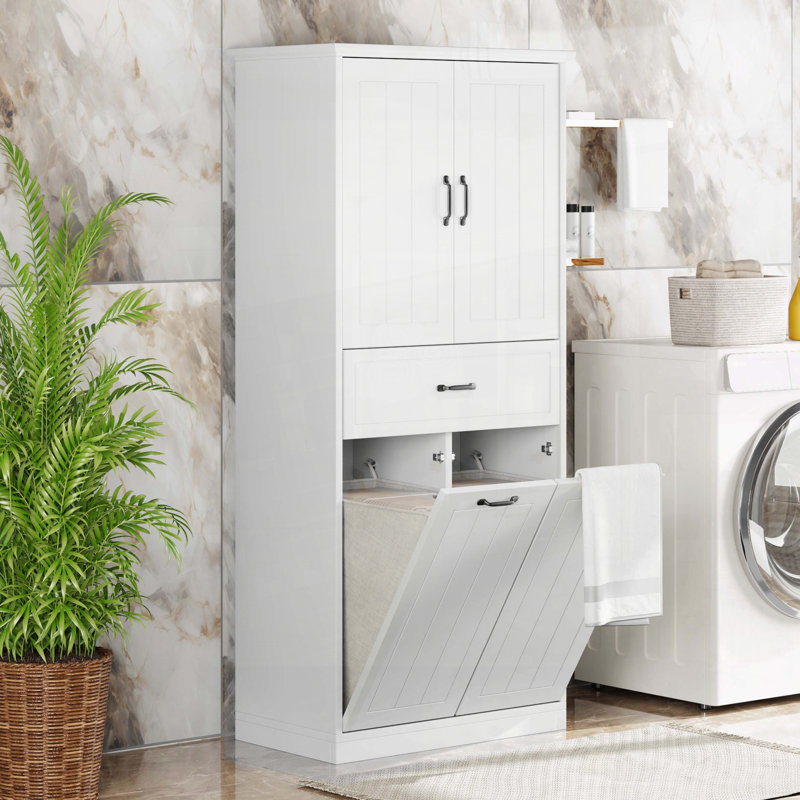 Tall Storage Cabinet with Two Laundry Baskets and Drawer - White, White