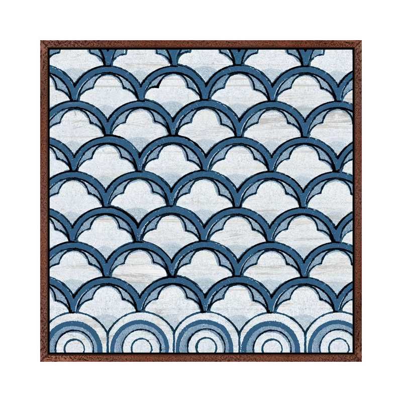 Blue Coastal Pattern On Wood by Piddix - Painting on Canvas, Classic Brown Wood Framed, 45.72 cm H x 45.72 cm W