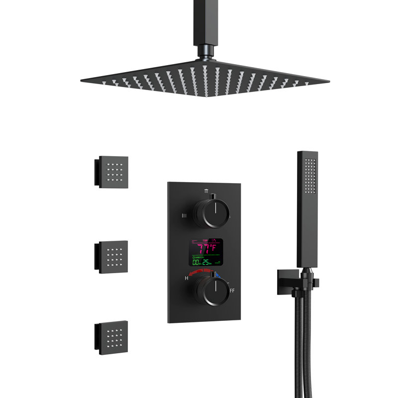 Digital Shower System 12" Pressure-Balanced Shower Faucet with Rough-in Valve, Matte Black