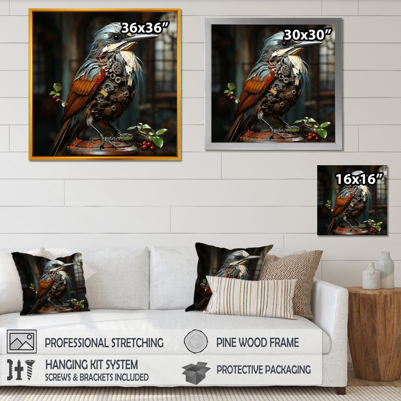 «Brown Steampunk Bird I», art mural oiseau, Cadre flottant noir, H 36 po x l 36 po x P 1,5 po