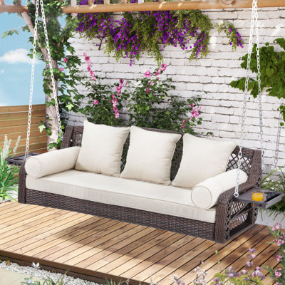 Balancelle à 3 places, balancelle en osier avec porte-gobelets et 3 coussins de dossier, balançoire de jardin avec chaînes pour terrasse sur le jardin, rotin brun à nervures doubles, 56 po