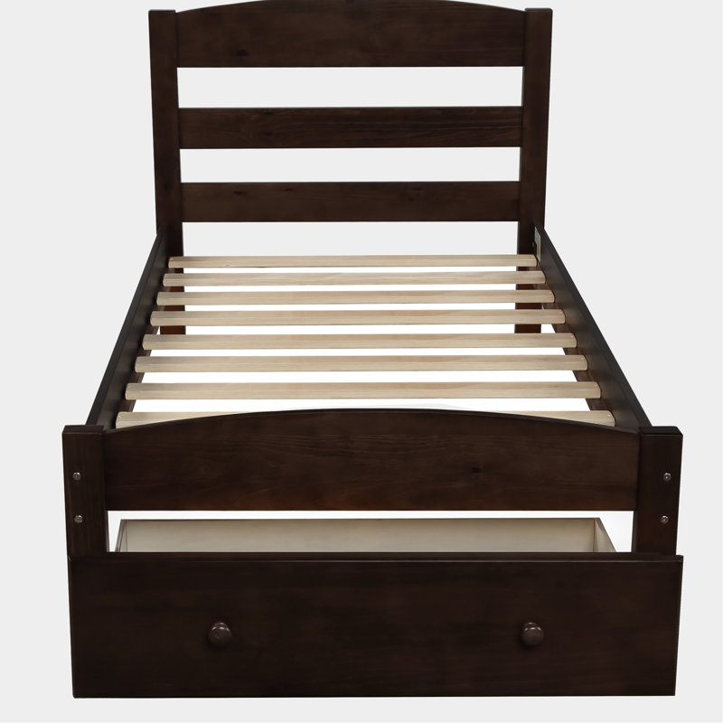 Structure de lit simple, 10 lattes de bois pour un support de matelas fiable, tiroir de rangement avec cadre de manipulation facile, circulation d'air et longévité, literie